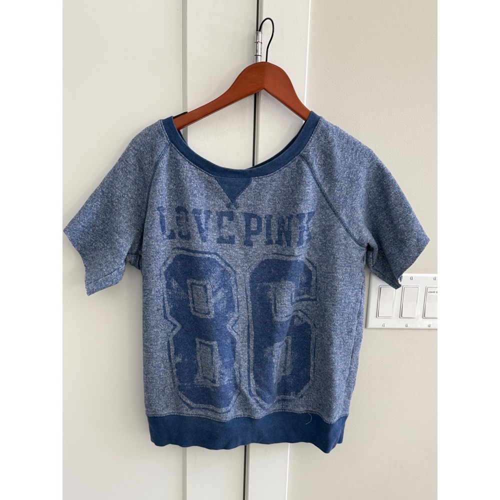 Victoria's Secret PINK Short Sleeve Sweatshirt Love Pink 86 Blue Women's M